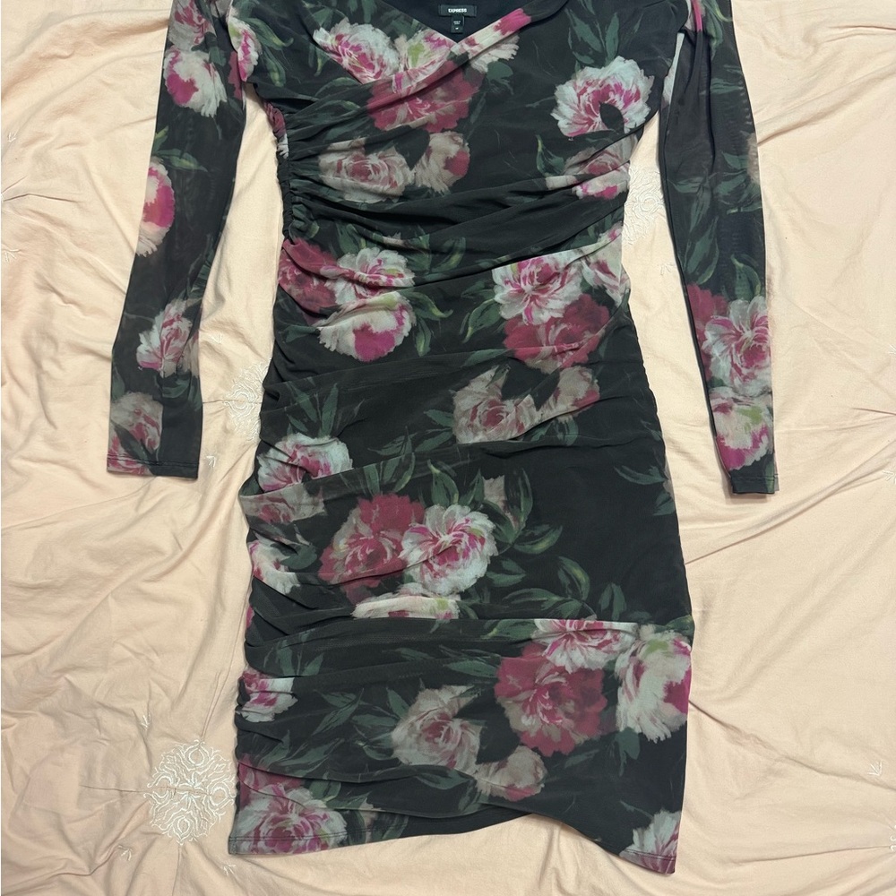 Express black with flowers, off the shoulder, mesh Long Sleeve Bodycon Dress